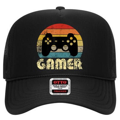 Vintage Retro Gamer Video Game Player High Crown Mesh Back Trucker Hat