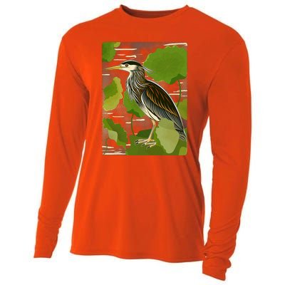 Vintage Retro Green Heron Bird Cooling Performance Long Sleeve Crew