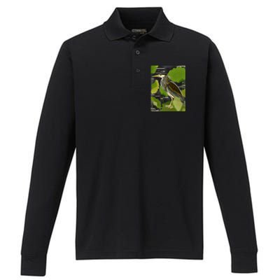 Vintage Retro Green Heron Bird Performance Long Sleeve Polo