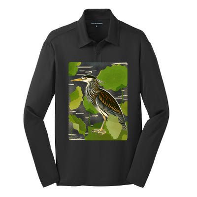 Vintage Retro Green Heron Bird Silk Touch Performance Long Sleeve Polo