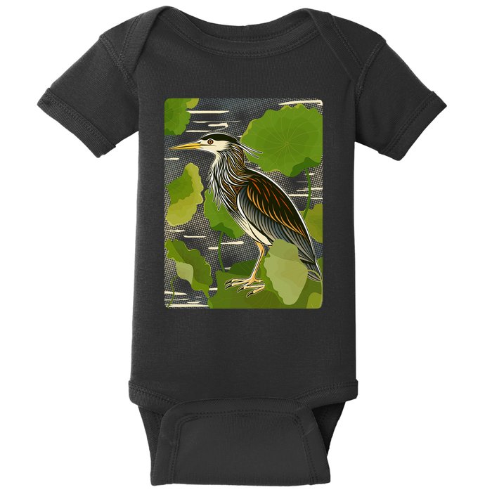 Vintage Retro Green Heron Bird Baby Bodysuit