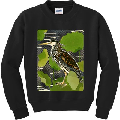 Vintage Retro Green Heron Bird Kids Sweatshirt