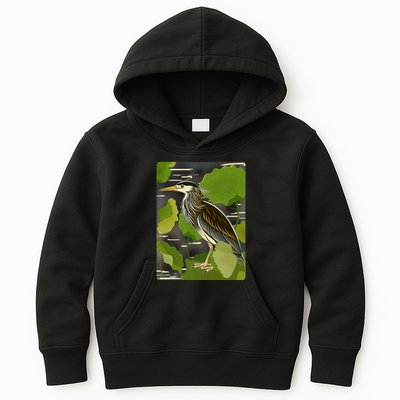 Vintage Retro Green Heron Bird Kids Hoodie
