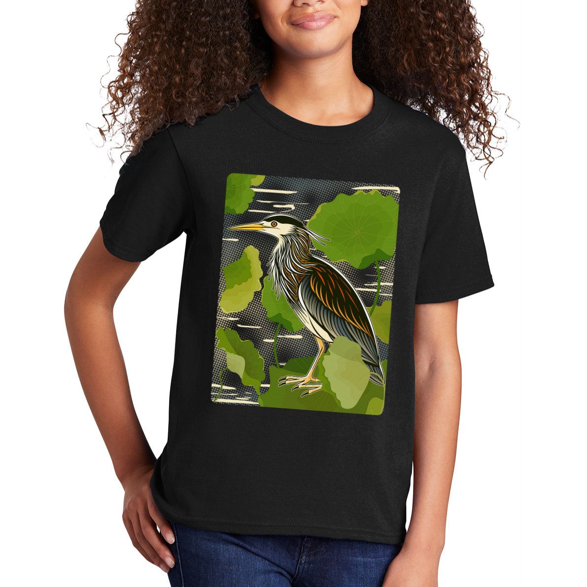 Vintage Retro Green Heron Bird Kids T-Shirt