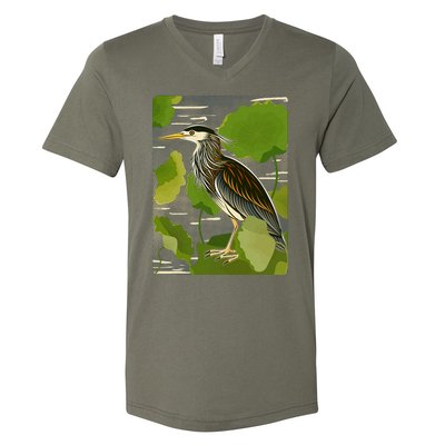 Vintage Retro Green Heron Bird V-Neck T-Shirt