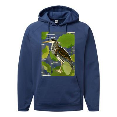 Vintage Retro Green Heron Bird Performance Fleece Hoodie