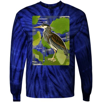 Vintage Retro Green Heron Bird Tie-Dye Long Sleeve Shirt