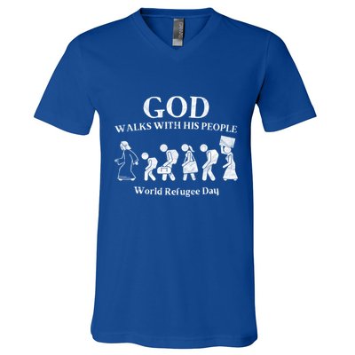 Vintage Retro God Walks With His People World Refugee Day Gift V-Neck T-Shirt