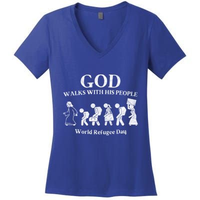 Vintage Retro God Walks With His People World Refugee Day Gift Women's V-Neck T-Shirt