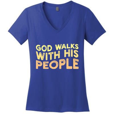 Vintage Retro God Walks With His People World Refugee Day Funny Gift Women's V-Neck T-Shirt