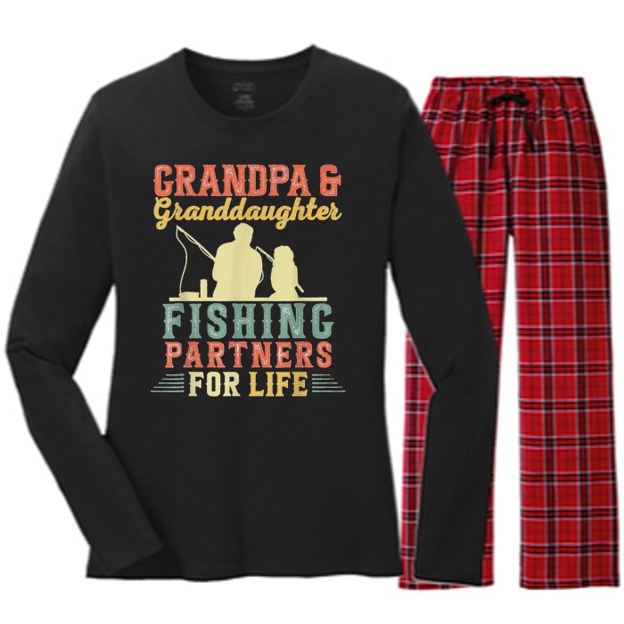 Vintage Retro Grandpa And Granddaughter Fishing Partners Women's Long Sleeve Flannel Pajama Set 