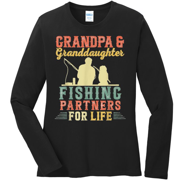 Vintage Retro Grandpa And Granddaughter Fishing Partners Ladies Long Sleeve Shirt