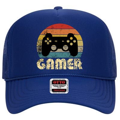 Vintage Retro Gamer Video Game Player Boys Teens Gift High Crown Mesh Back Trucker Hat