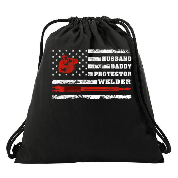 Vintage Retro Husband Daddy Protector Welder American Flag Drawstring Bag