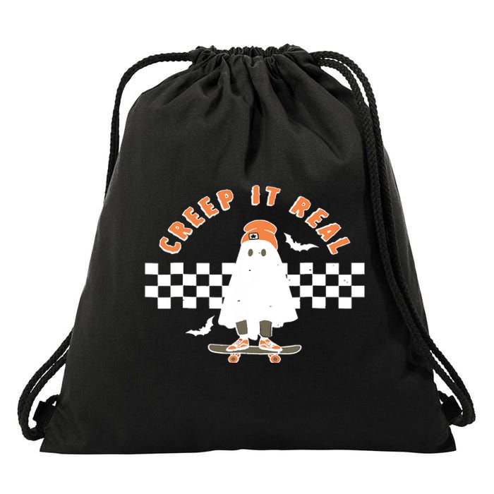 Vintage Retro Halloween Creep It Real Ghost Boy Fall Season Drawstring Bag