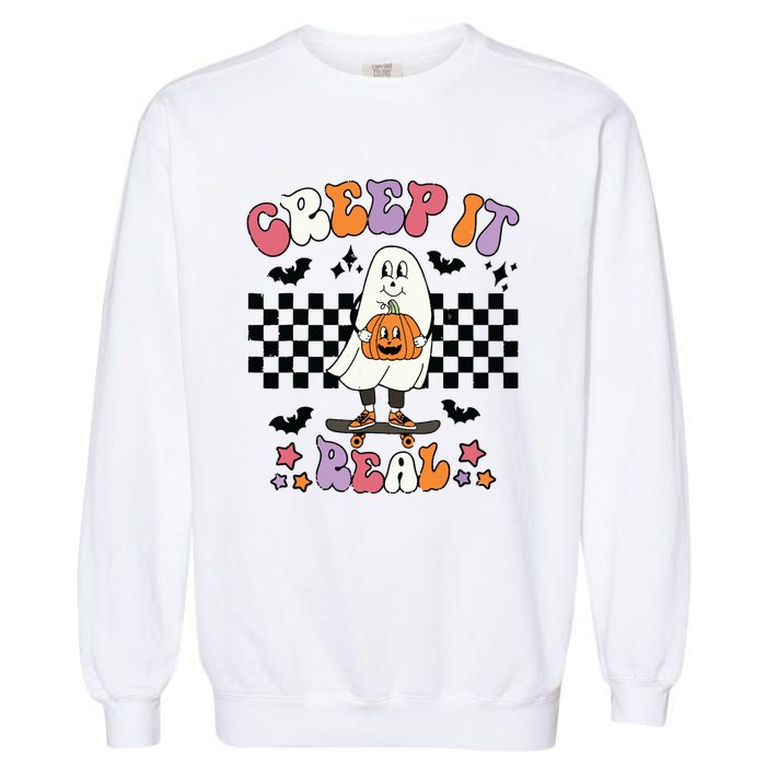 Vintage Retro Halloween Creep It Real Ghost Boy Fall Season Garment-Dyed Sweatshirt