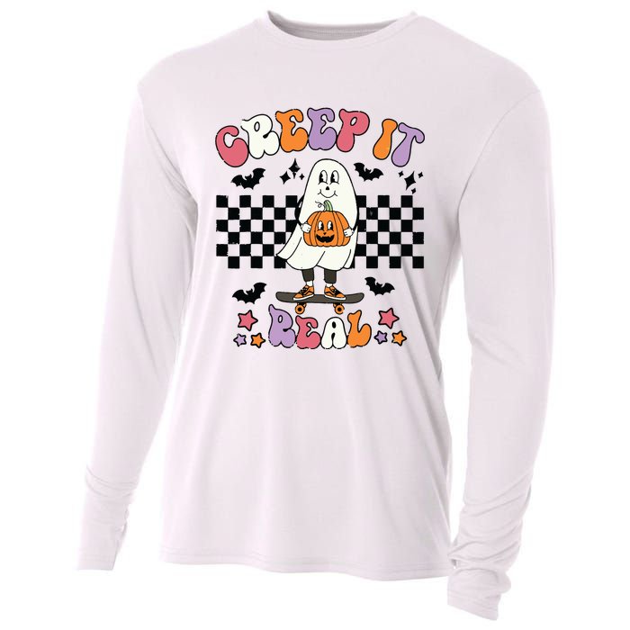 Vintage Retro Halloween Creep It Real Ghost Boy Fall Season Cooling Performance Long Sleeve Crew