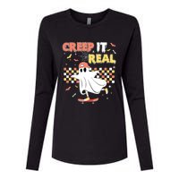 Vintage Retro Halloween Creep It Real Ghost Boy Fall Womens Cotton Relaxed Long Sleeve T-Shirt