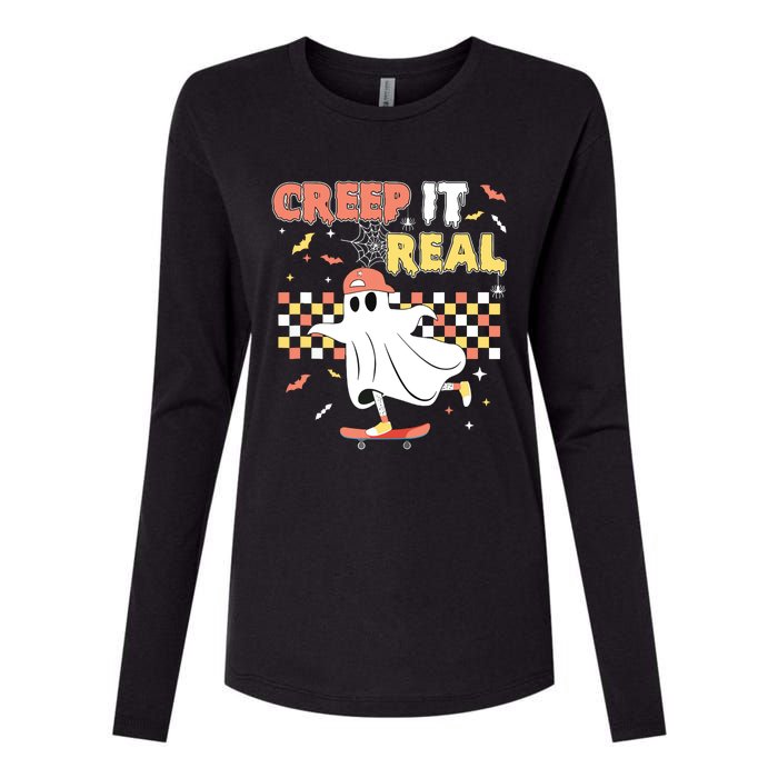 Vintage Retro Halloween Creep It Real Ghost Boy Fall Womens Cotton Relaxed Long Sleeve T-Shirt