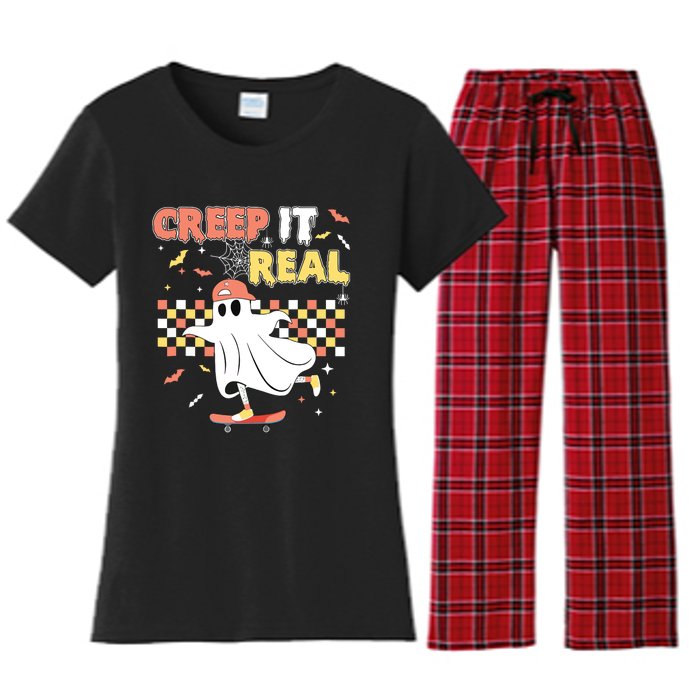 Vintage Retro Halloween Creep It Real Ghost Boy Fall Women's Flannel Pajama Set