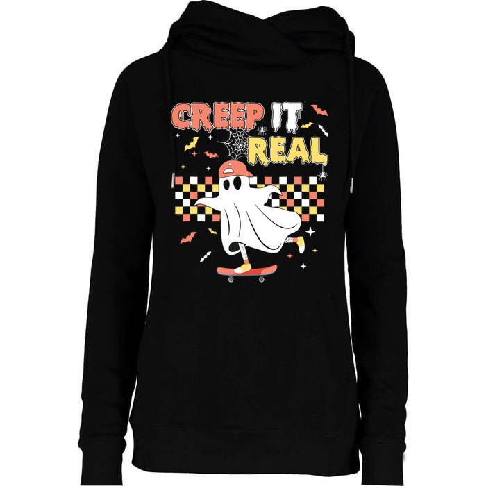 Vintage Retro Halloween Creep It Real Ghost Boy Fall Womens Funnel Neck Pullover Hood