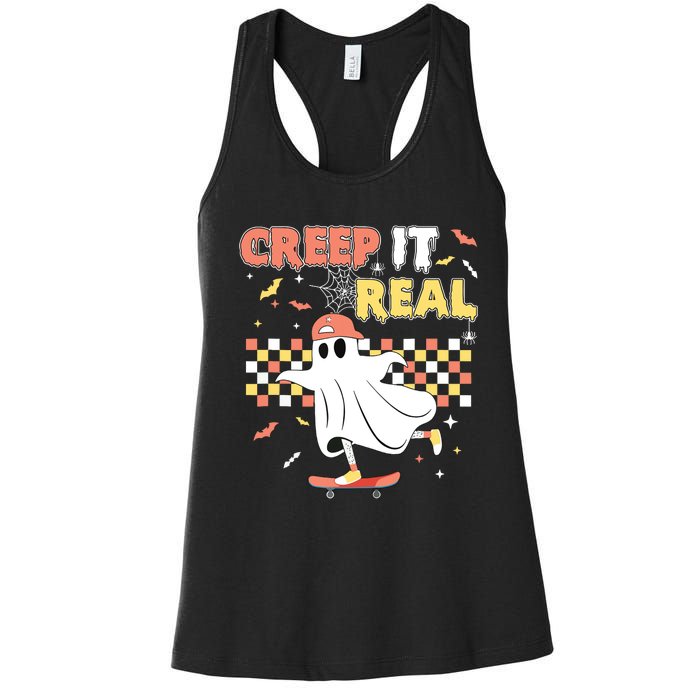 Vintage Retro Halloween Creep It Real Ghost Boy Fall Women's Racerback Tank