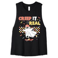 Vintage Retro Halloween Creep It Real Ghost Boy Fall Women's Racerback Cropped Tank