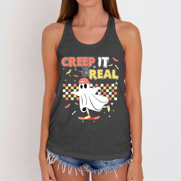 Vintage Retro Halloween Creep It Real Ghost Boy Fall Women's Knotted Racerback Tank