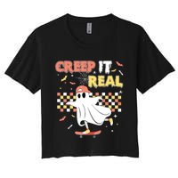 Vintage Retro Halloween Creep It Real Ghost Boy Fall Women's Crop Top Tee