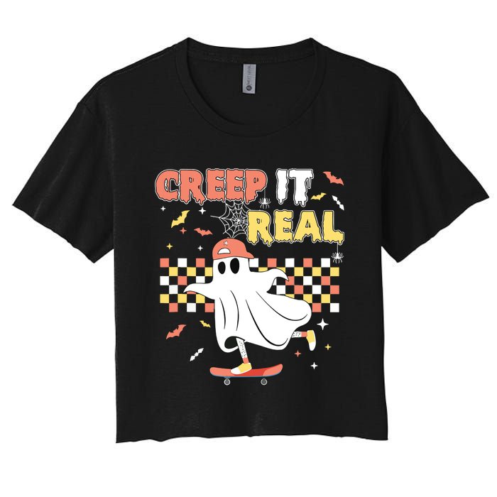 Vintage Retro Halloween Creep It Real Ghost Boy Fall Women's Crop Top Tee