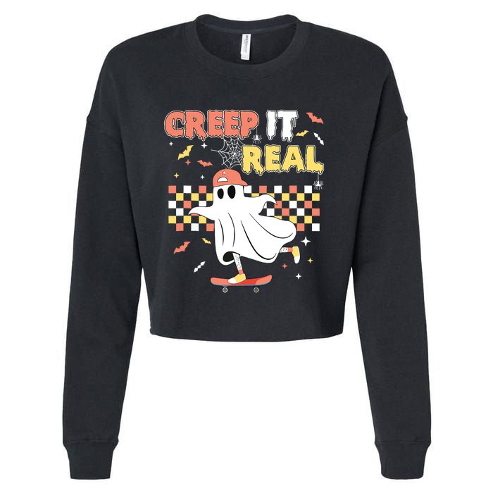 Vintage Retro Halloween Creep It Real Ghost Boy Fall Cropped Pullover Crew