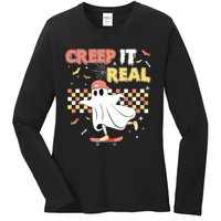 Vintage Retro Halloween Creep It Real Ghost Boy Fall Ladies Long Sleeve Shirt