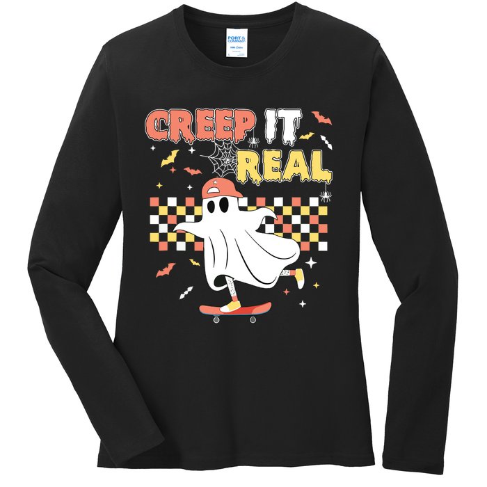 Vintage Retro Halloween Creep It Real Ghost Boy Fall Ladies Long Sleeve Shirt