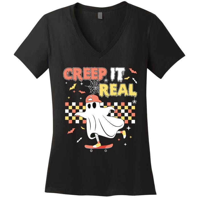 Vintage Retro Halloween Creep It Real Ghost Boy Fall Women's V-Neck T-Shirt