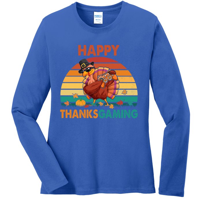 Vintage Retro Happy Thanksgiving Gaming Dabbing Turkey Gamer Cute Gift Ladies Long Sleeve Shirt