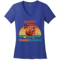 Vintage Retro Happy Thanksgiving Gaming Dabbing Turkey Gamer Cute Gift Women's V-Neck T-Shirt