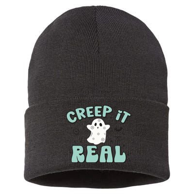 Vintage Retro Halloween Creep It Real Ghost Boy Fall Season Gift Sustainable Knit Beanie