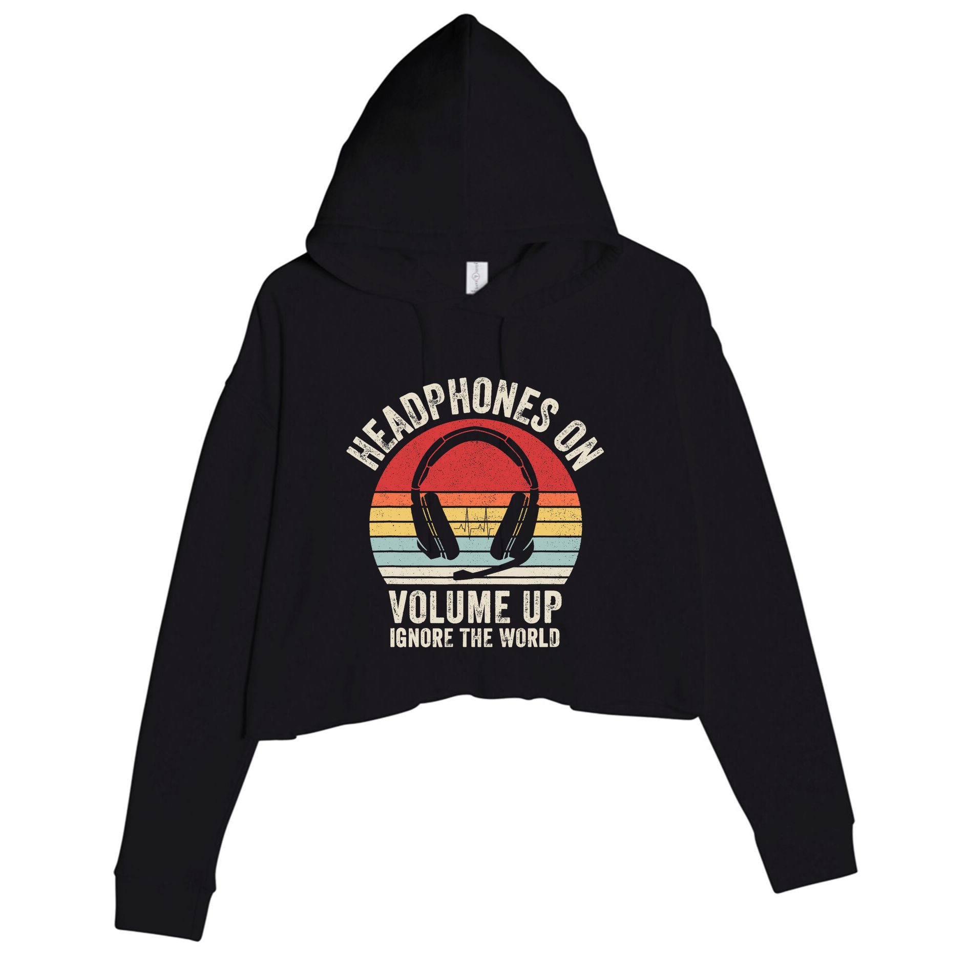 Vintage Retro Headphones On Volume Up Ignore The World Crop Fleece Hoodie