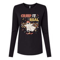 Vintage Retro Halloween Creep It Real Ghost Boy Fall Womens Cotton Relaxed Long Sleeve T-Shirt