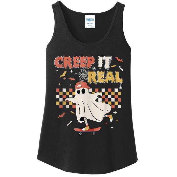 Vintage Retro Halloween Creep It Real Ghost Boy Fall Ladies Essential Tank