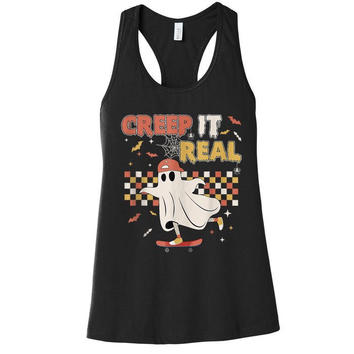 Vintage Retro Halloween Creep It Real Ghost Boy Fall Women's Racerback Tank