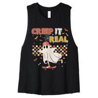 Vintage Retro Halloween Creep It Real Ghost Boy Fall Women's Racerback Cropped Tank