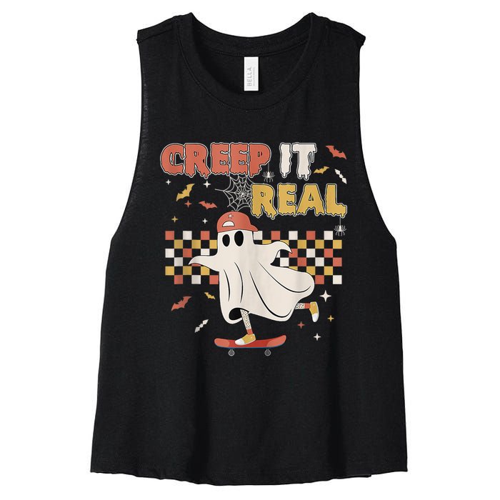 Vintage Retro Halloween Creep It Real Ghost Boy Fall Women's Racerback Cropped Tank