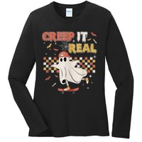 Vintage Retro Halloween Creep It Real Ghost Boy Fall Ladies Long Sleeve Shirt