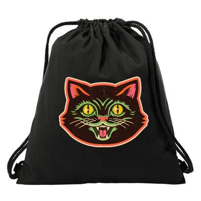 Vintage Retro Halloween Cat Face Drawstring Bag