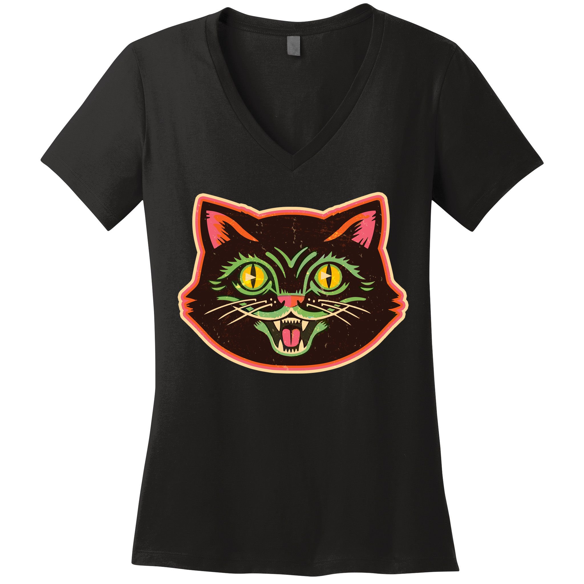 Vintage Retro Halloween Cat Face Women's V-Neck T-Shirt