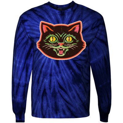 Vintage Retro Halloween Cat Face Tie-Dye Long Sleeve Shirt