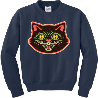 Vintage Retro Halloween Cat Face Kids Sweatshirt