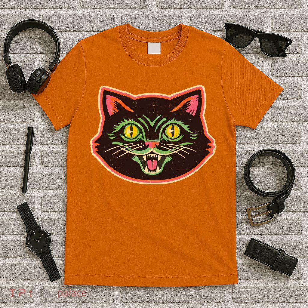 Vintage Retro Halloween Cat Face T-Shirt