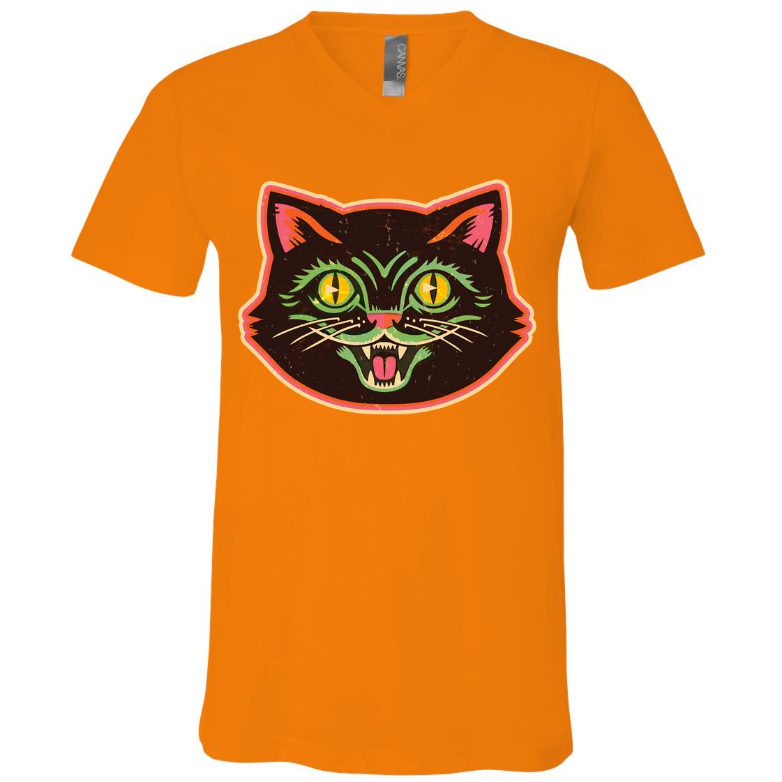 Vintage Retro Halloween Cat Face V-Neck T-Shirt